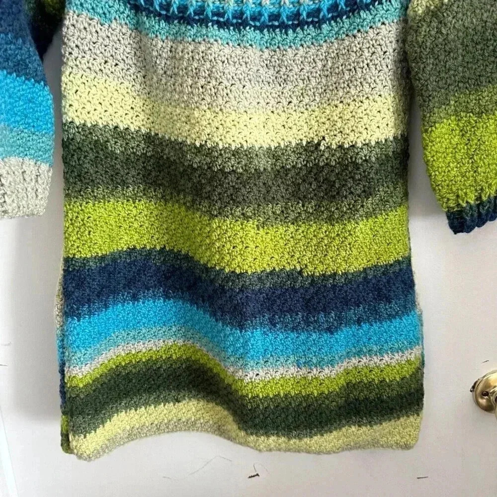 Handmade XS crochet knit dress blue green short with 3/4 sleeves - Picture 8 of 10